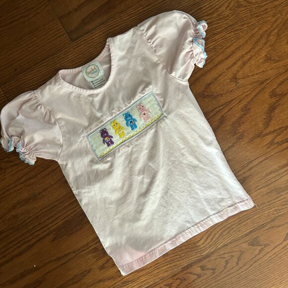 Boutique Care Bears Smocked  Puff Sleeve Girls Pink Tee T-Shirt Size 4 - Picture 9 of 11